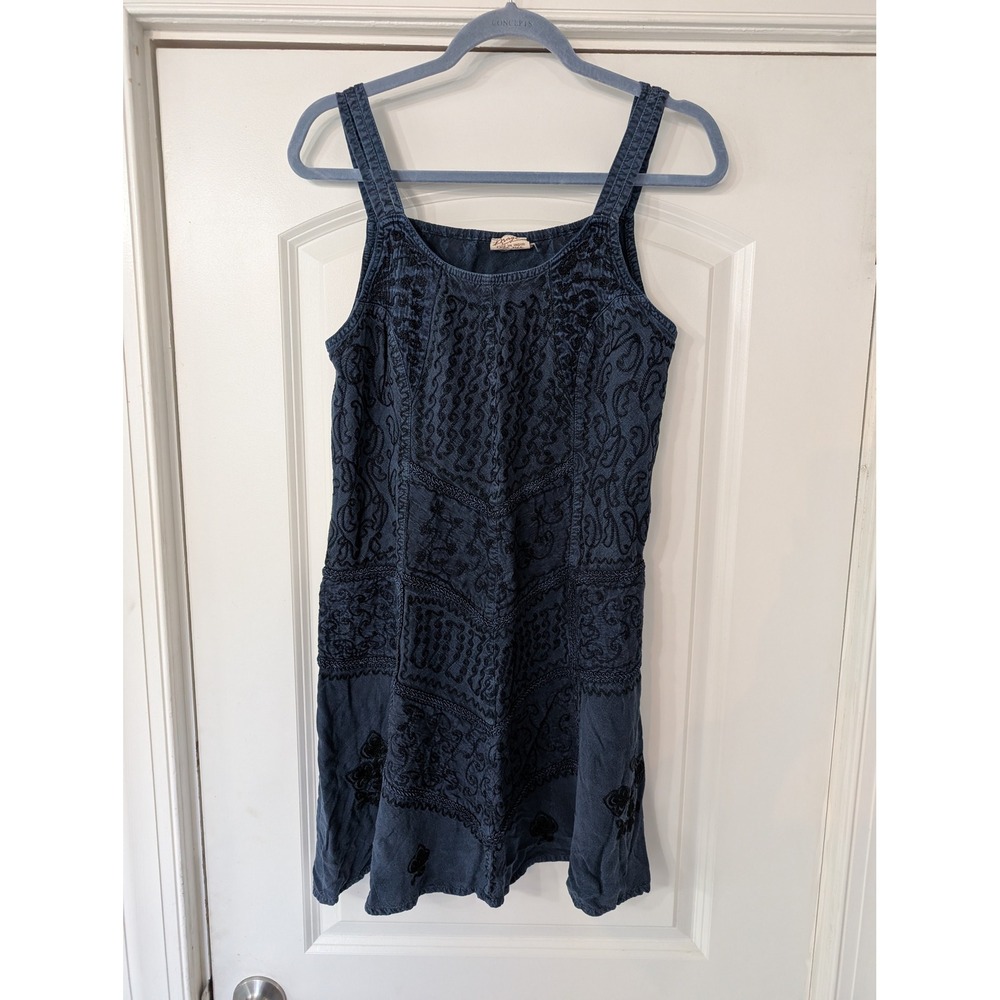 Magic Navy Blue Embroidered Mini Dress Boho Free Size India ren faire gypsy